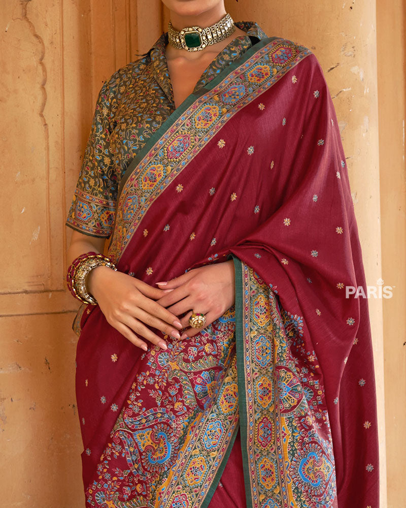 Teal Floral Print Saree with Maroon Contrast Border