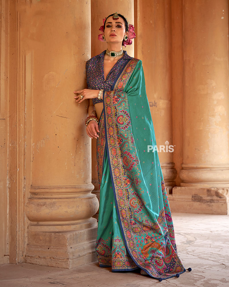 Purple Floral Silk Saree with Teal Floral Border