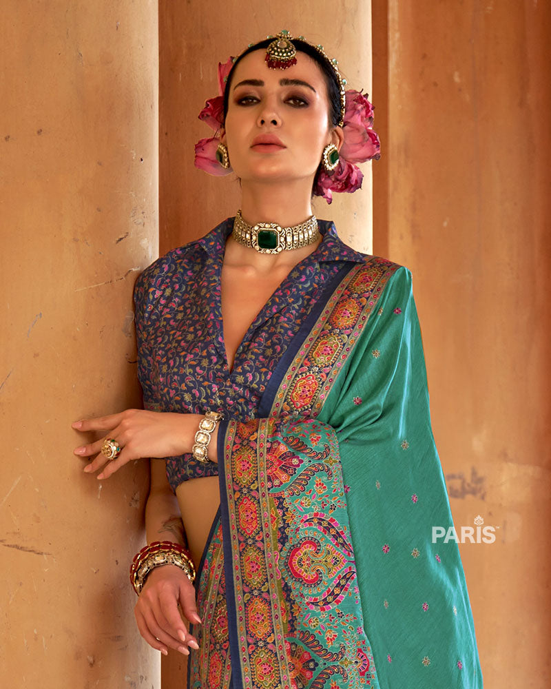Purple Floral Silk Saree with Teal Floral Border