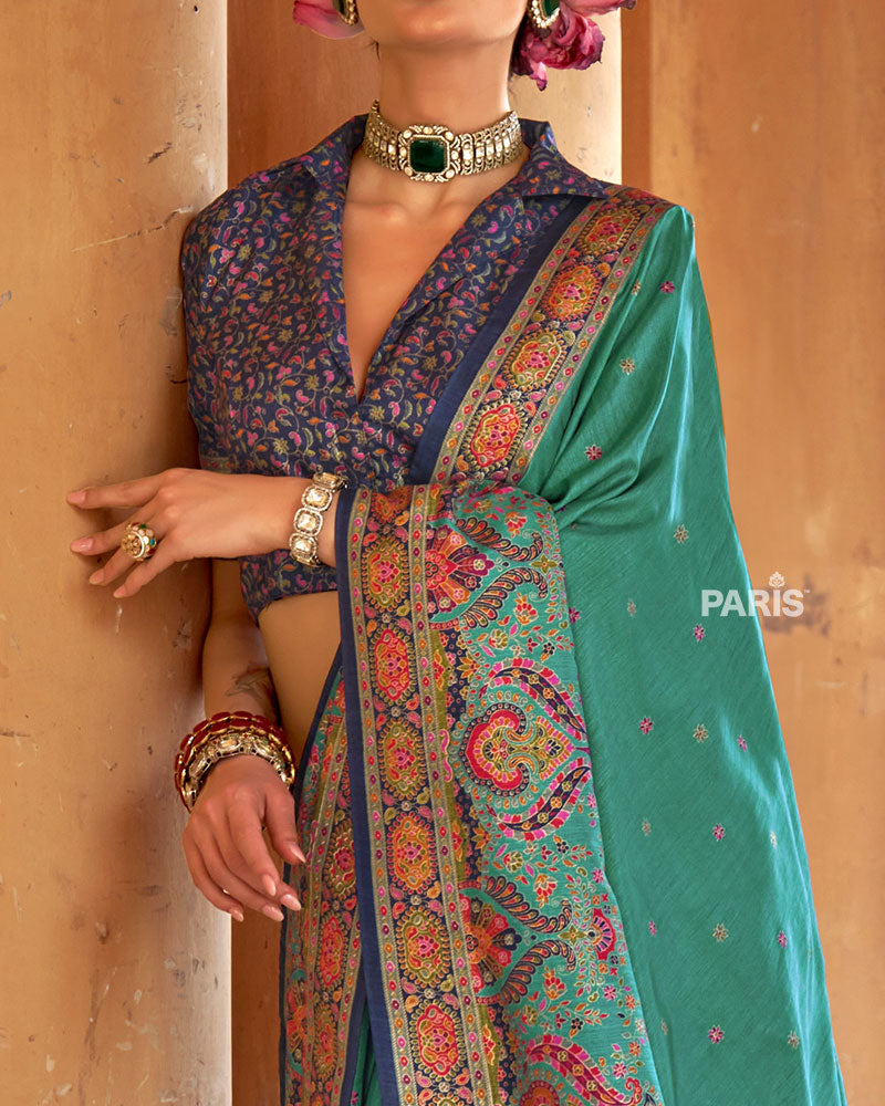 Purple Floral Silk Saree with Teal Floral Border