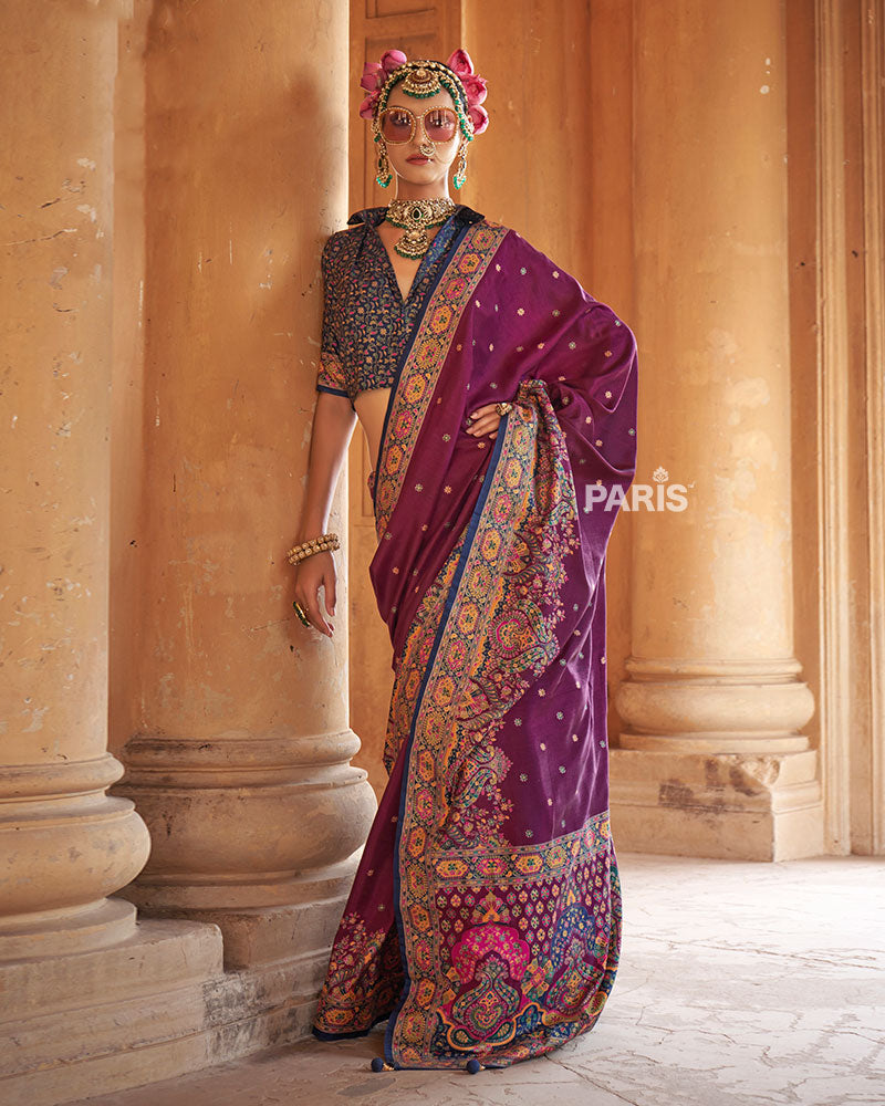 Pink Floral Saree with Olive?Green Floral Border