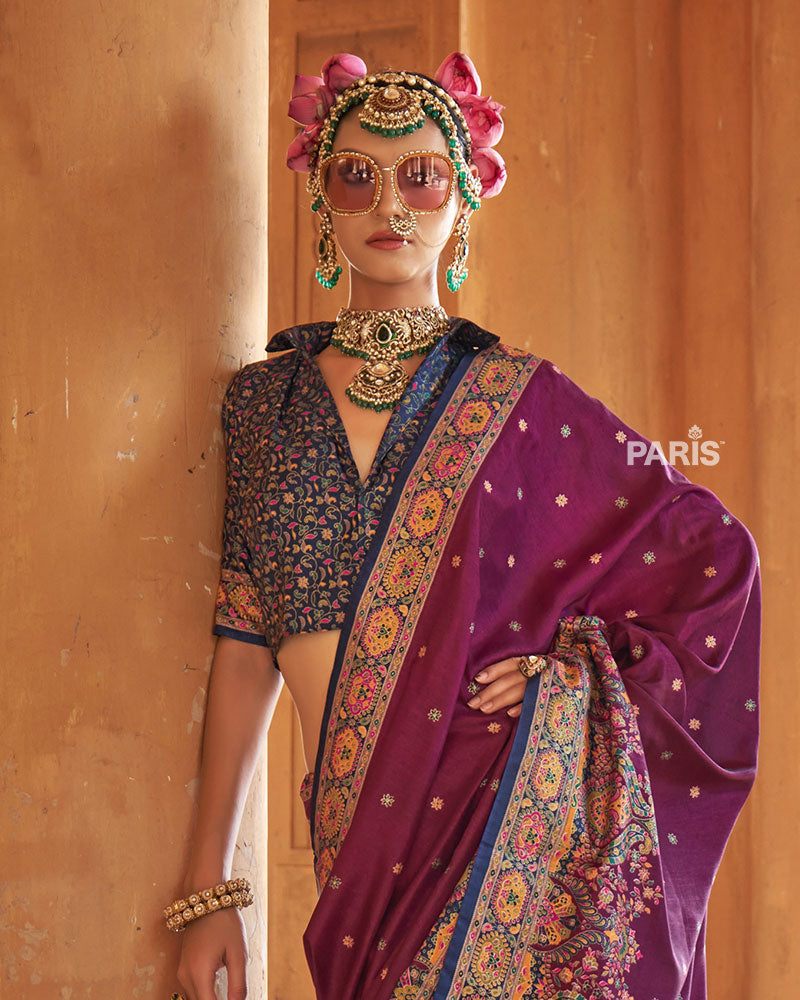 Pink Floral Saree with Olive?Green Floral Border
