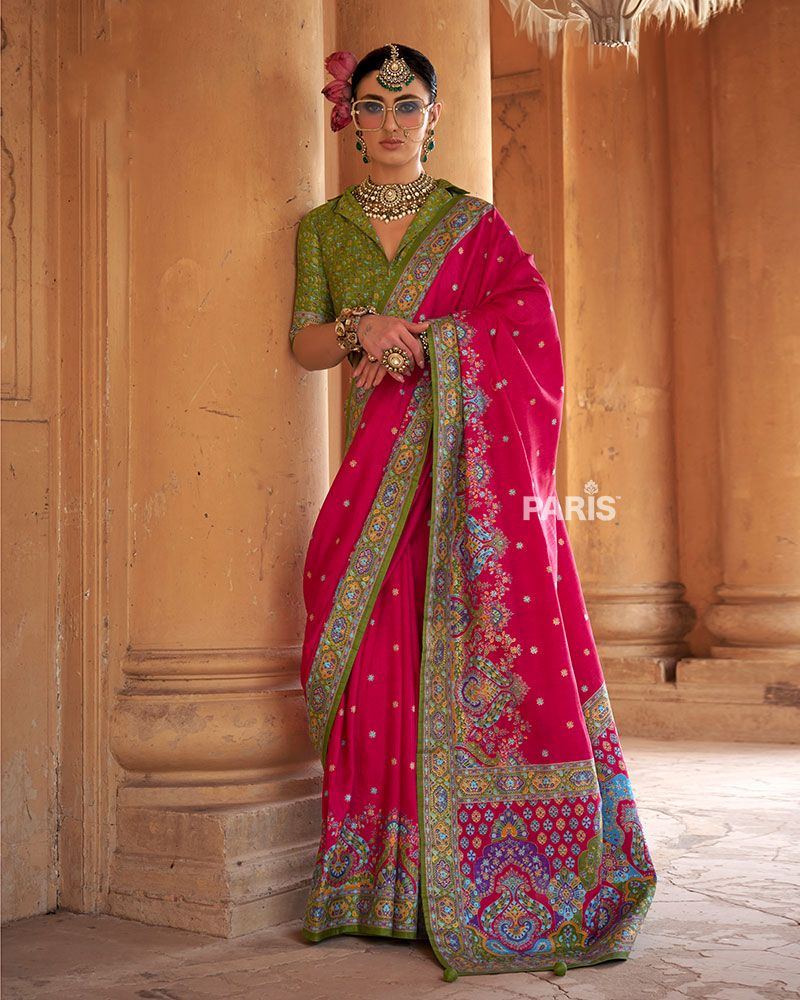 Indigo Floral Digital Print Silk Saree with Mirror Embellish