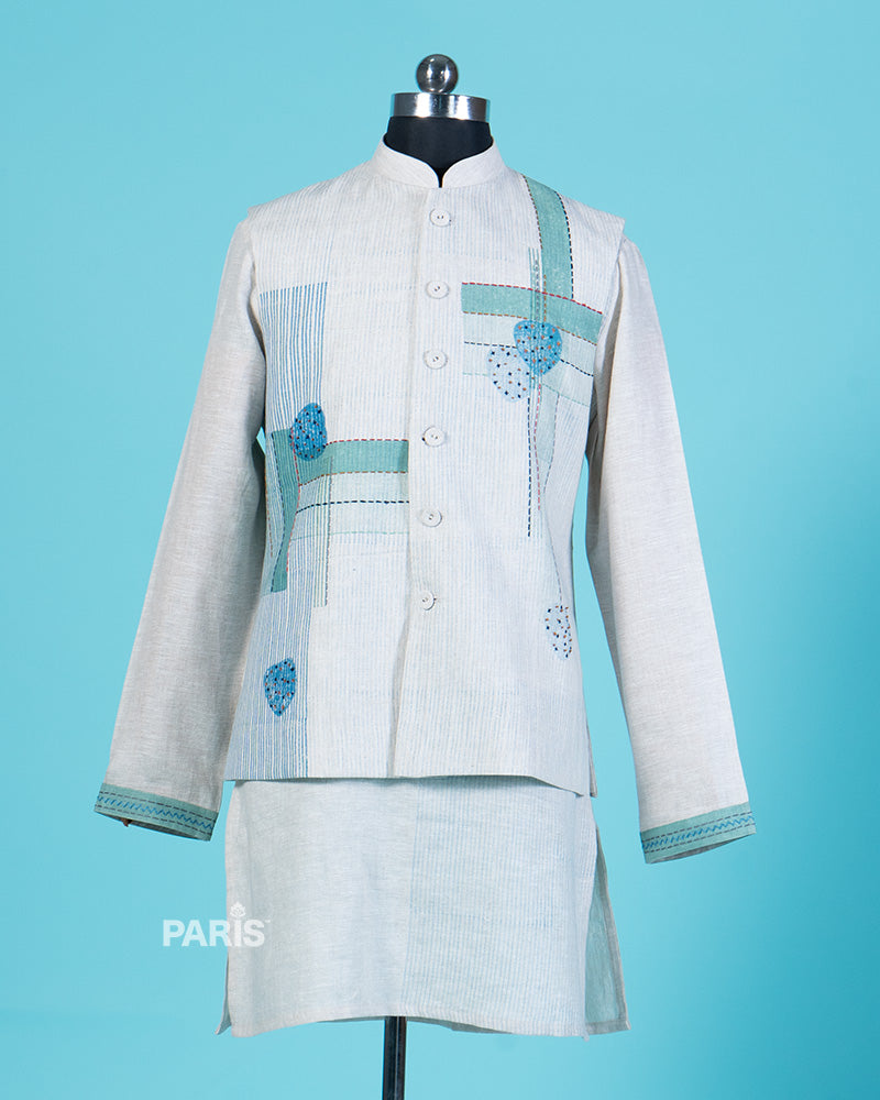 Light Cream Patchwork Jacket and Kurta Set with Pajama 01