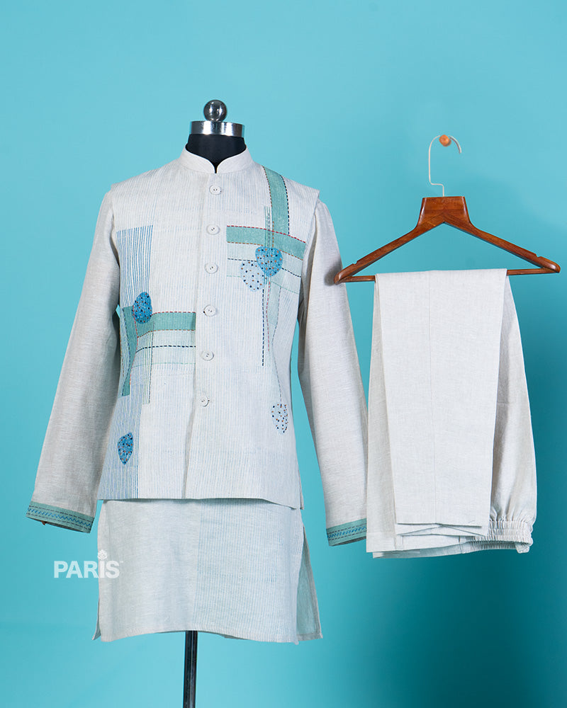 Light Cream Patchwork Jacket and Kurta Set with Pajama 03