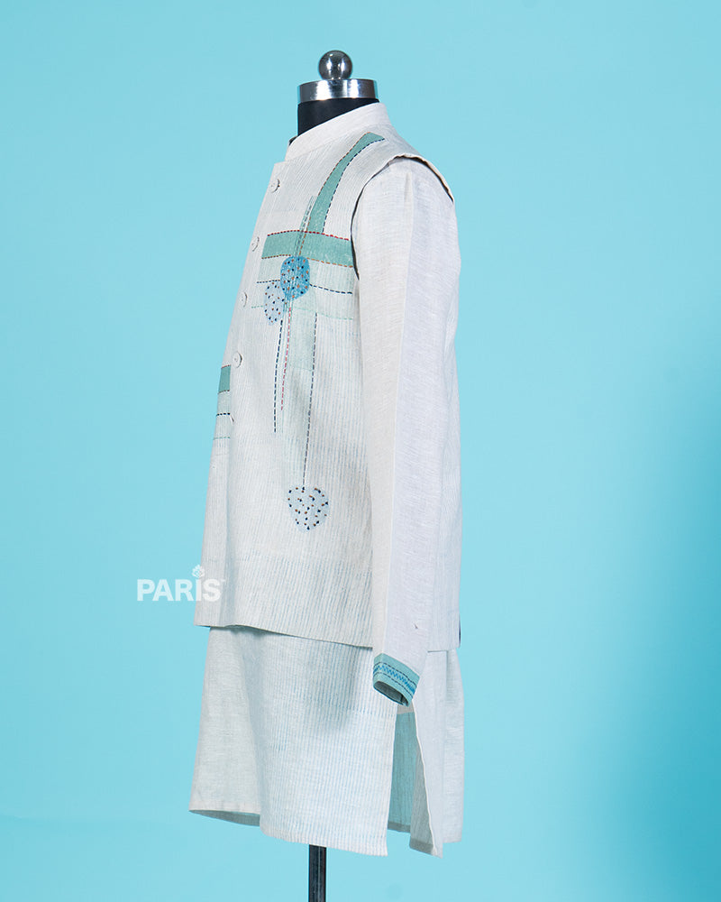 Light Cream Patchwork Jacket and Kurta Set with Pajama 04