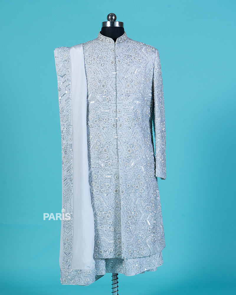 Light Gray Silver Embellished Sherwani Set 01