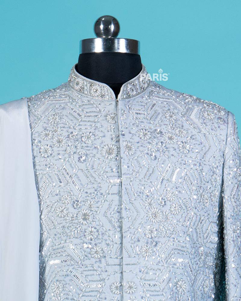 Light Gray Silver Embellished Sherwani Set 02