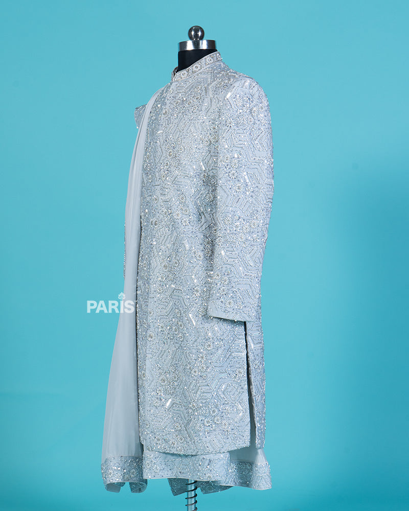 Light Gray Silver Embellished Sherwani Set 03