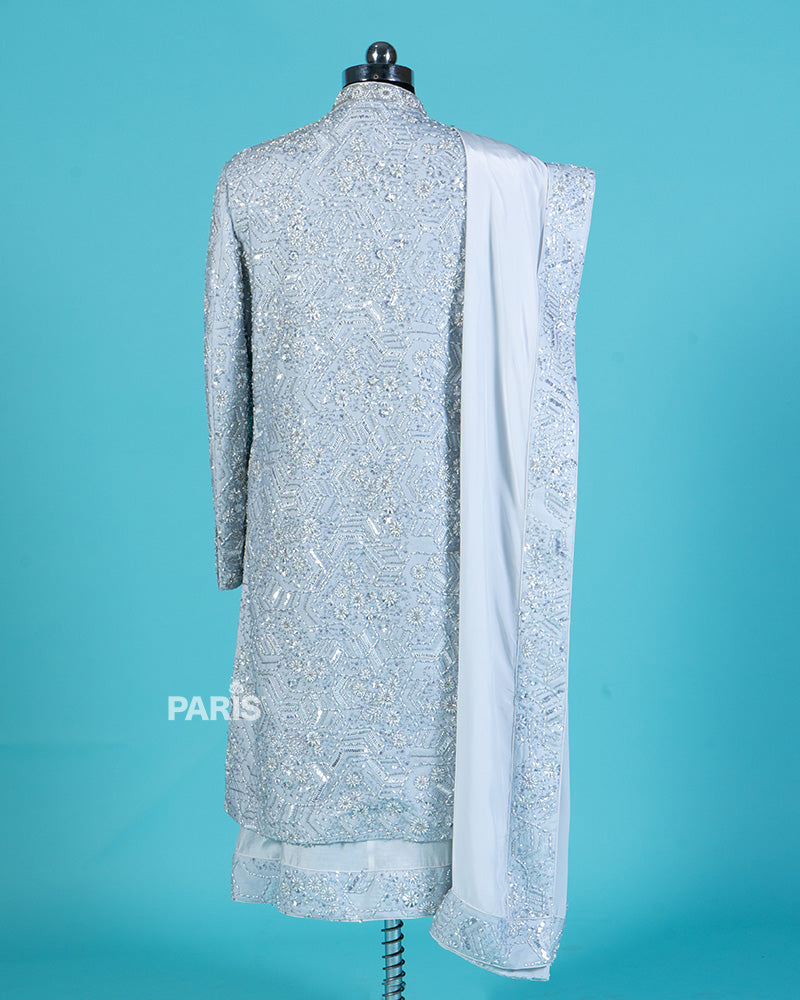Light Gray Silver Embellished Sherwani Set 05