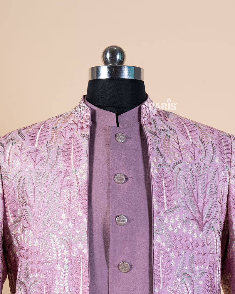 Light Mauve-Purple Embroidered Kurta & Jacket Set with Pajama 02