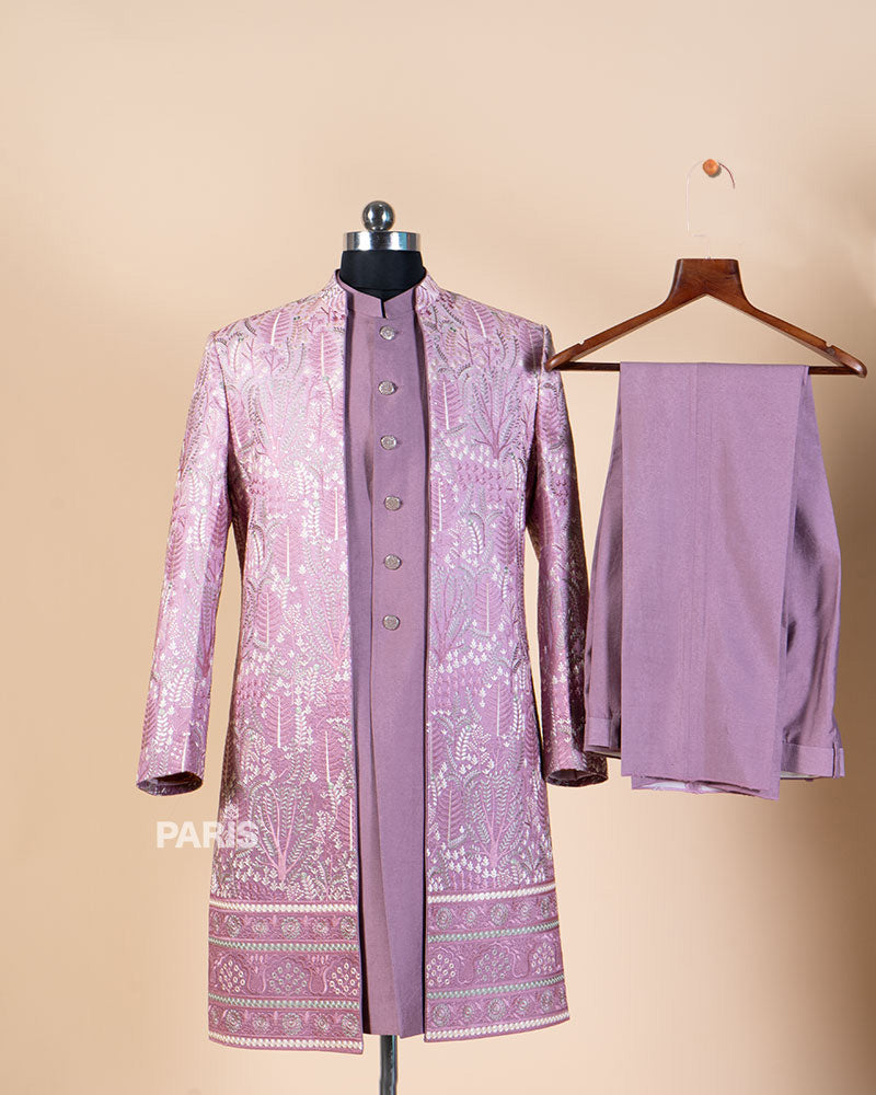 Light Mauve-Purple Embroidered Kurta & Jacket Set with Pajama 03