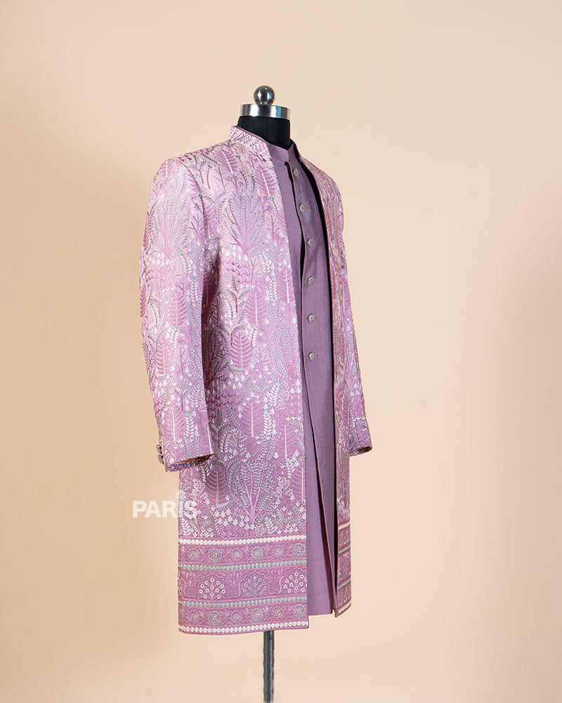 Light Mauve-Purple Embroidered Kurta & Jacket Set with Pajama 04
