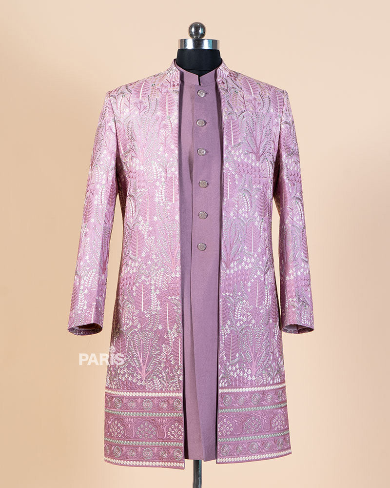 Light Mauve-Purple Embroidered Kurta & Jacket Set with Pajama 1