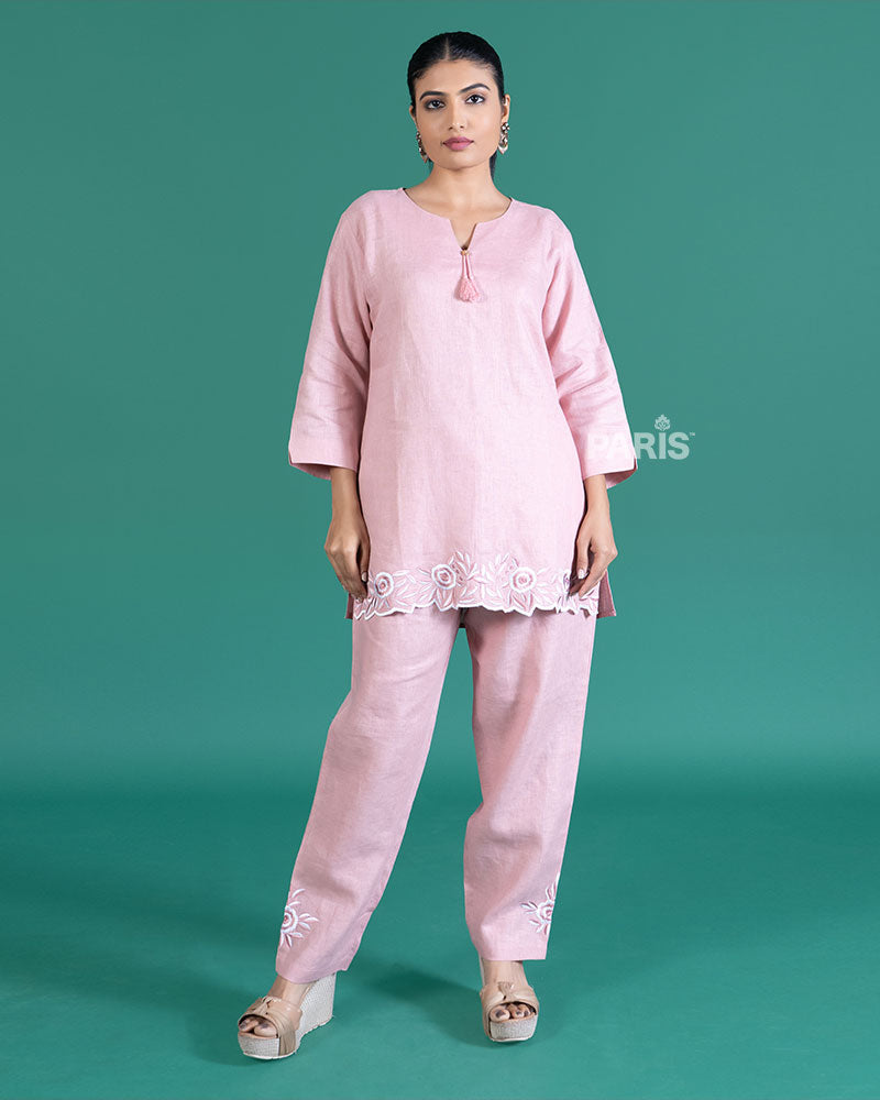 Light Pink White Floral Embroidered Trim Tunic with Matching Pants Set 01