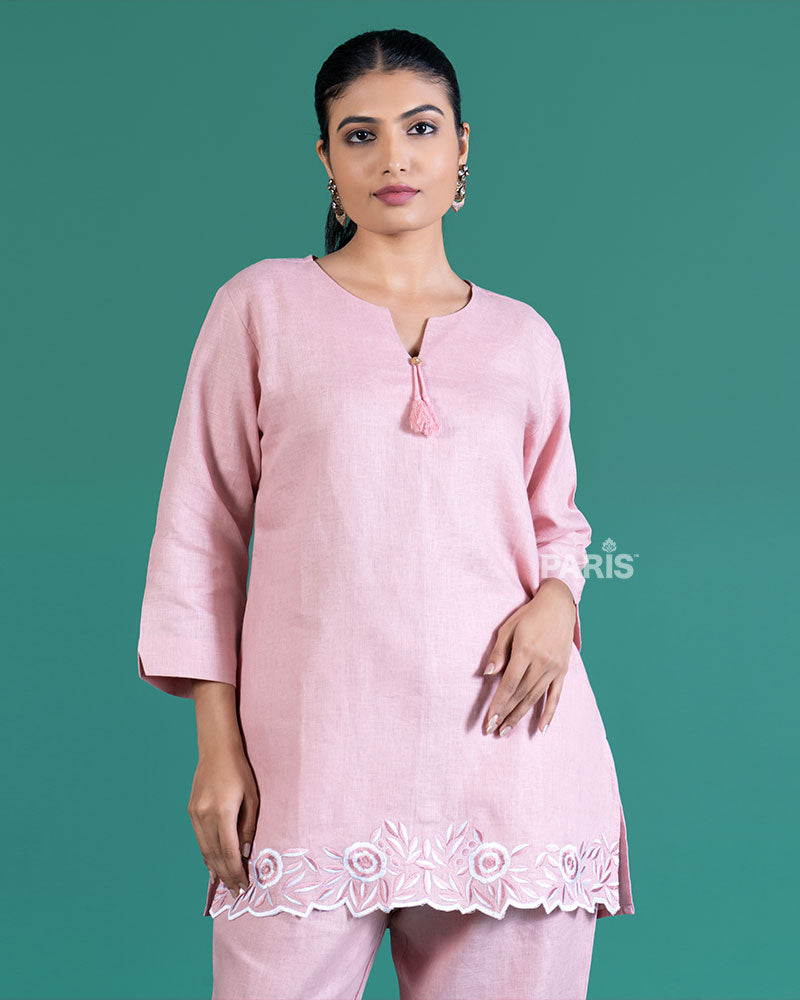 Light Pink White Floral Embroidered Trim Tunic with Matching Pants Set 02