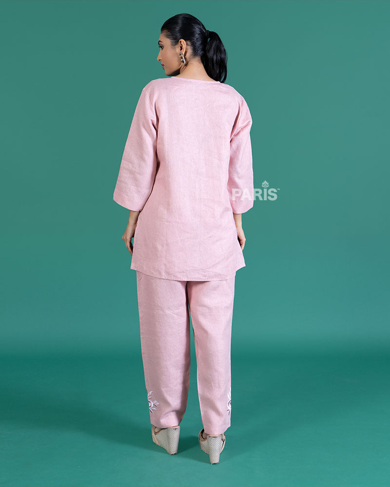 Light Pink White Floral Embroidered Trim Tunic with Matching Pants Set 04