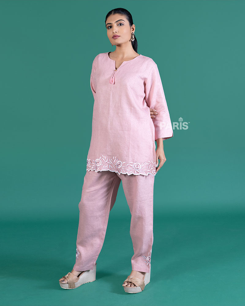 Light Pink White Floral Embroidered Trim Tunic with Matching Pants Set 05
