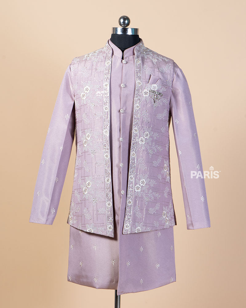 Light Purple Embroidered Kurta Pajama Set with Jacket 01