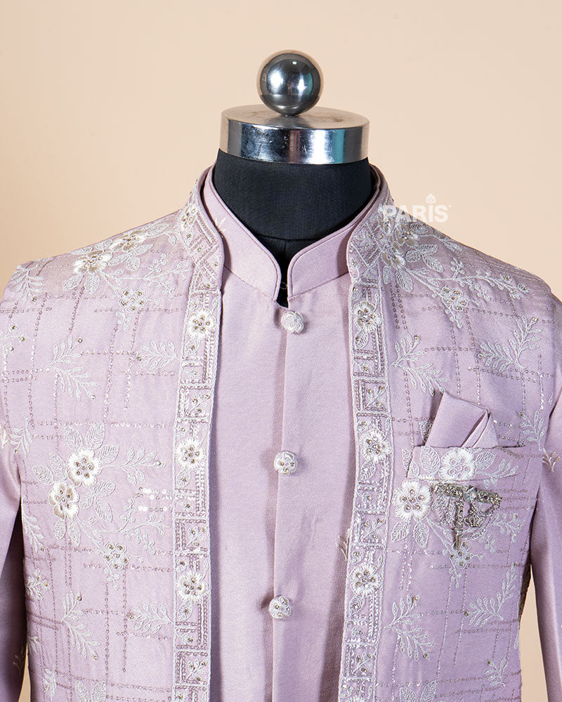 Light Purple Embroidered Kurta Pajama Set with Jacket 02