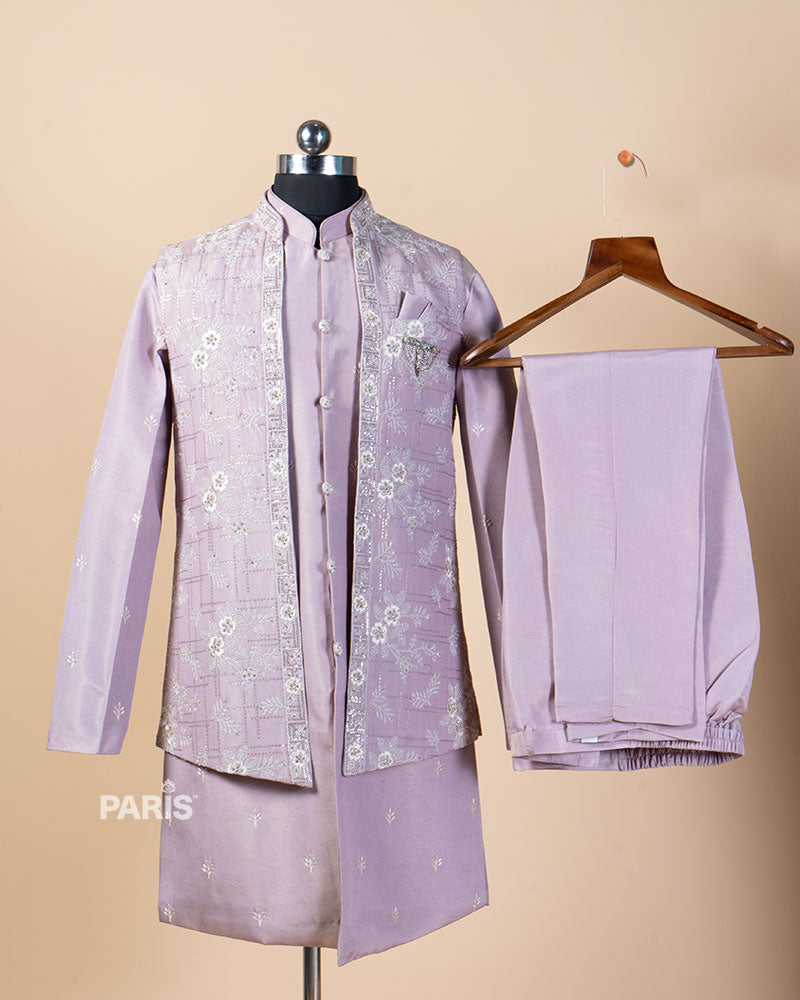 Light Purple Embroidered Kurta Pajama Set with Jacket 03
