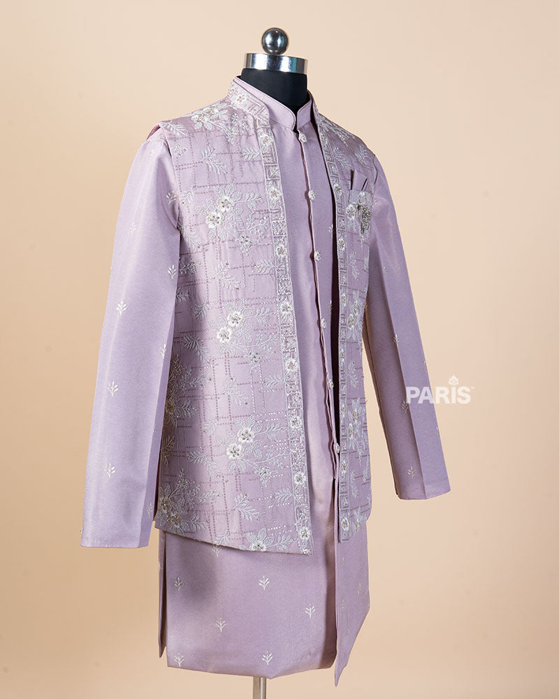 Light Purple Embroidered Kurta Pajama Set with Jacket 04