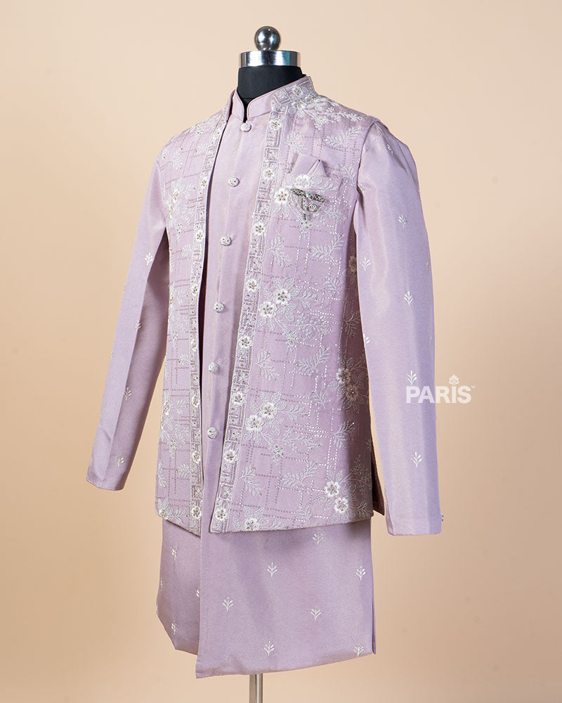 Light Purple Embroidered Kurta Pajama Set with Jacket 05