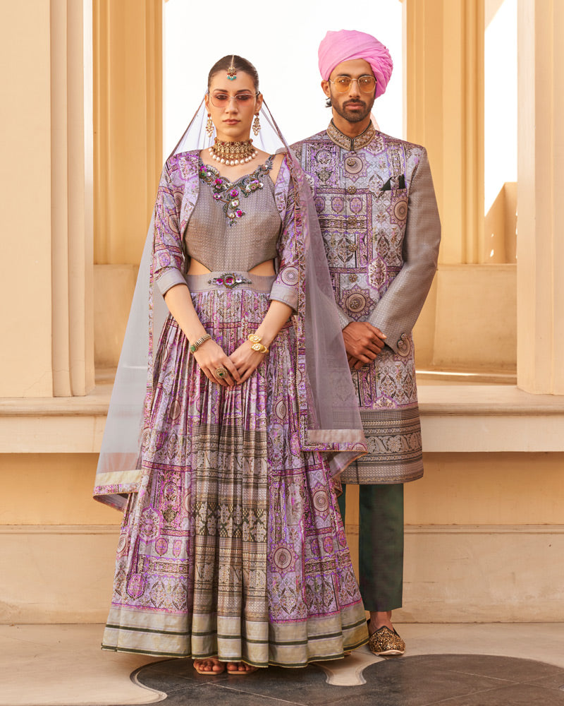Lilac Anarkali Dress and Men Blue Kurta Set with Printed Coat