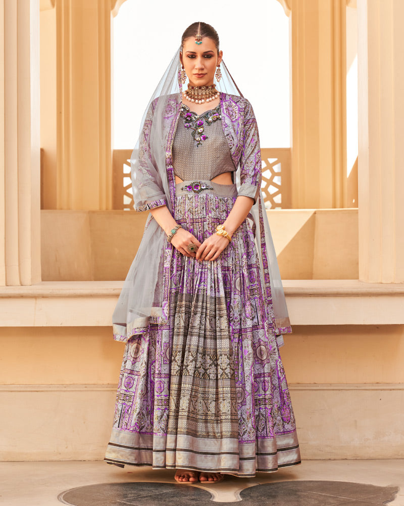 Lilac Anarkali Dress and Men Blue Kurta Set with Printed Coat