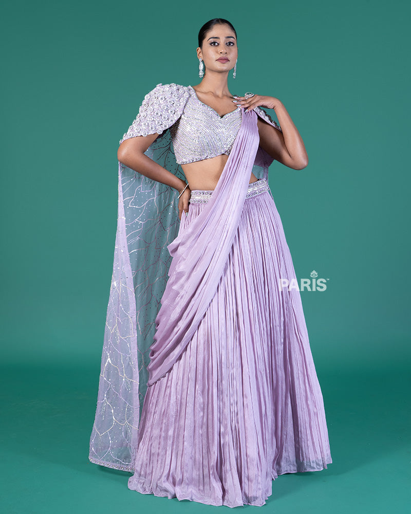 Lilac Pleated Lehenga Embellished Choli with Cape Overlay and Draped Dupatta 01