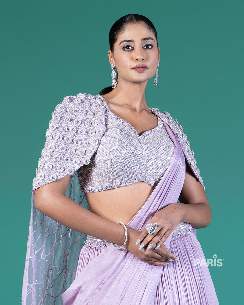 Lilac Pleated Lehenga Embellished Choli with Cape Overlay and Draped Dupatta 02