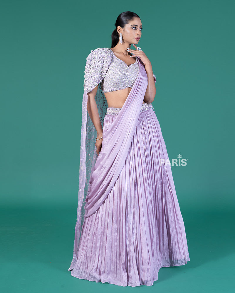Lilac Pleated Lehenga Embellished Choli with Cape Overlay and Draped Dupatta 04