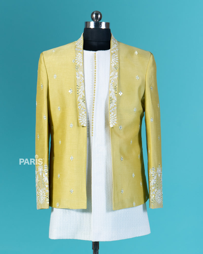 Lime Yellow Embroidered Jacket with White Shirt and Pajama Set 01