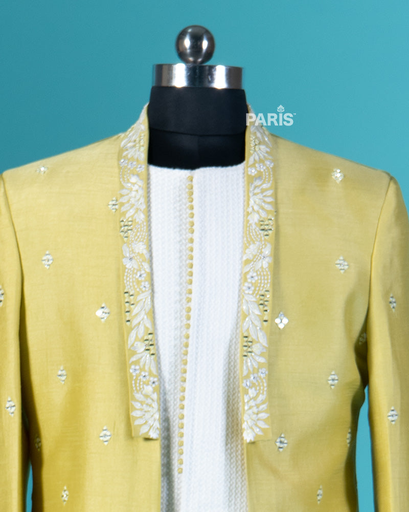Lime Yellow Embroidered Jacket with White Shirt and Pajama Set 02