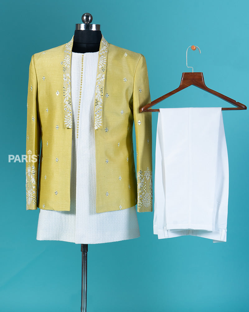 Lime Yellow Embroidered Jacket with White Shirt and Pajama Set 03