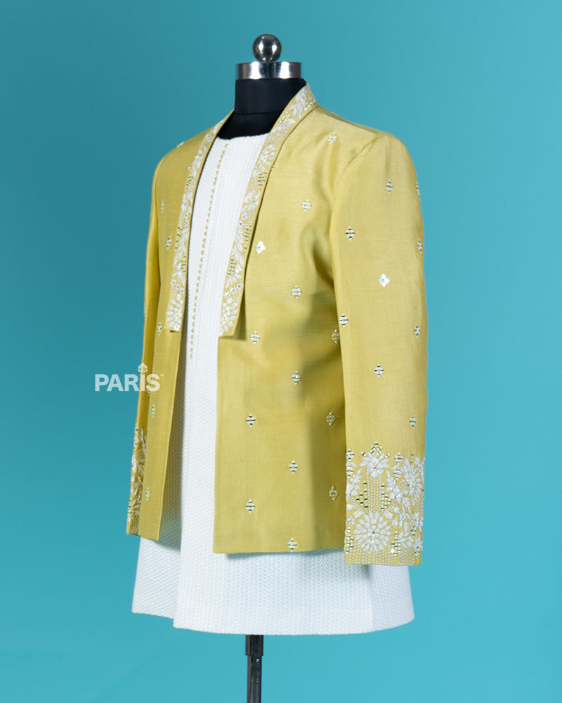Lime Yellow Embroidered Jacket with White Shirt and Pajama Set 04