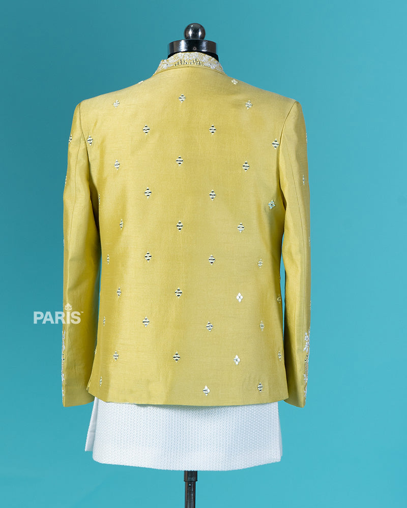 Lime Yellow Embroidered Jacket with White Shirt and Pajama Set 06