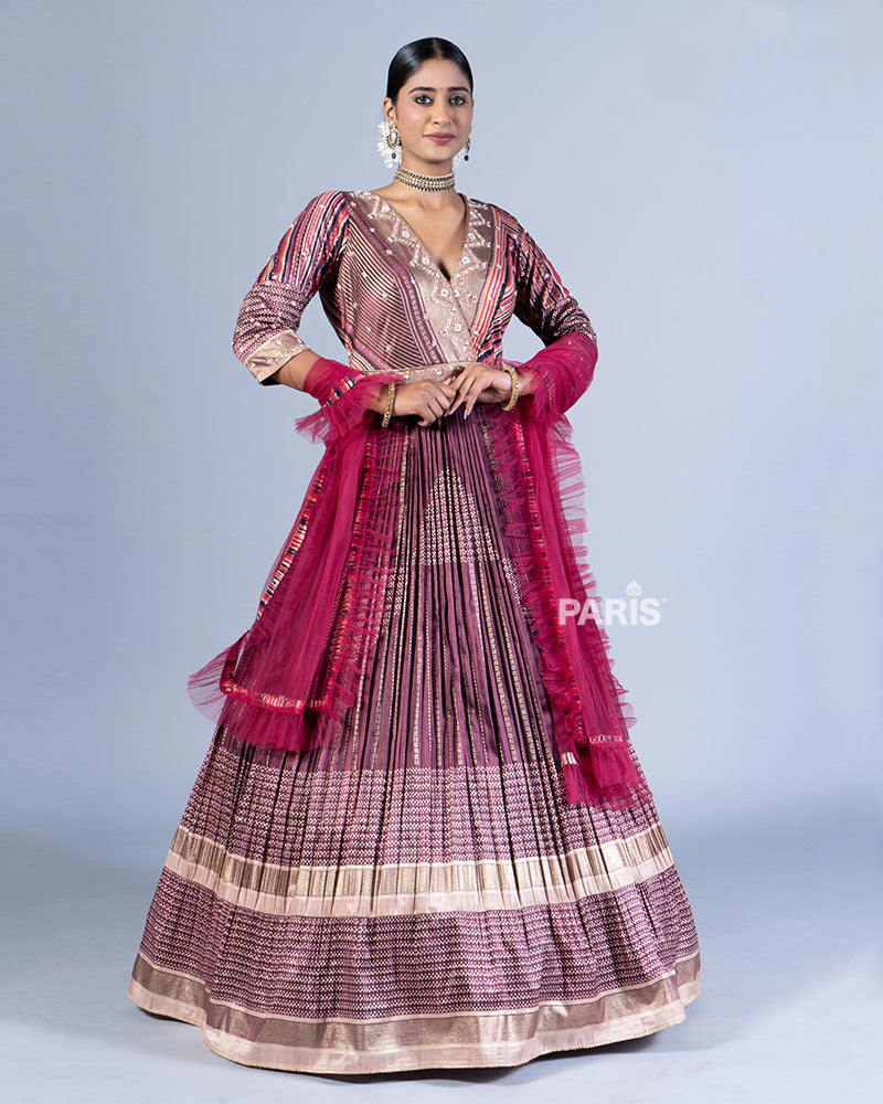 Maroon Embellished Pleated Gown with Red Raffle Dupatta 01