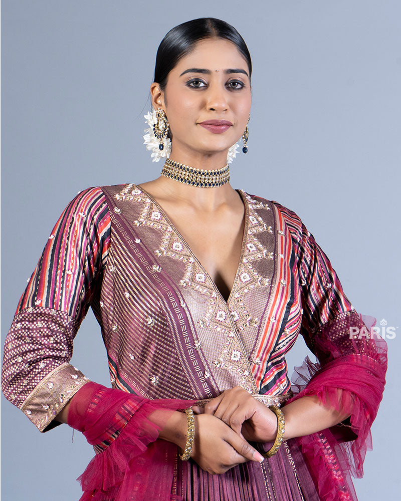 Maroon Embellished Pleated Gown with Red Raffle Dupatta 02