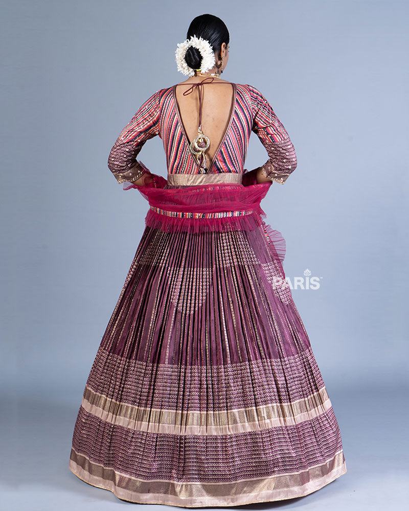 Maroon Embellished Pleated Gown with Red Raffle Dupatta 03