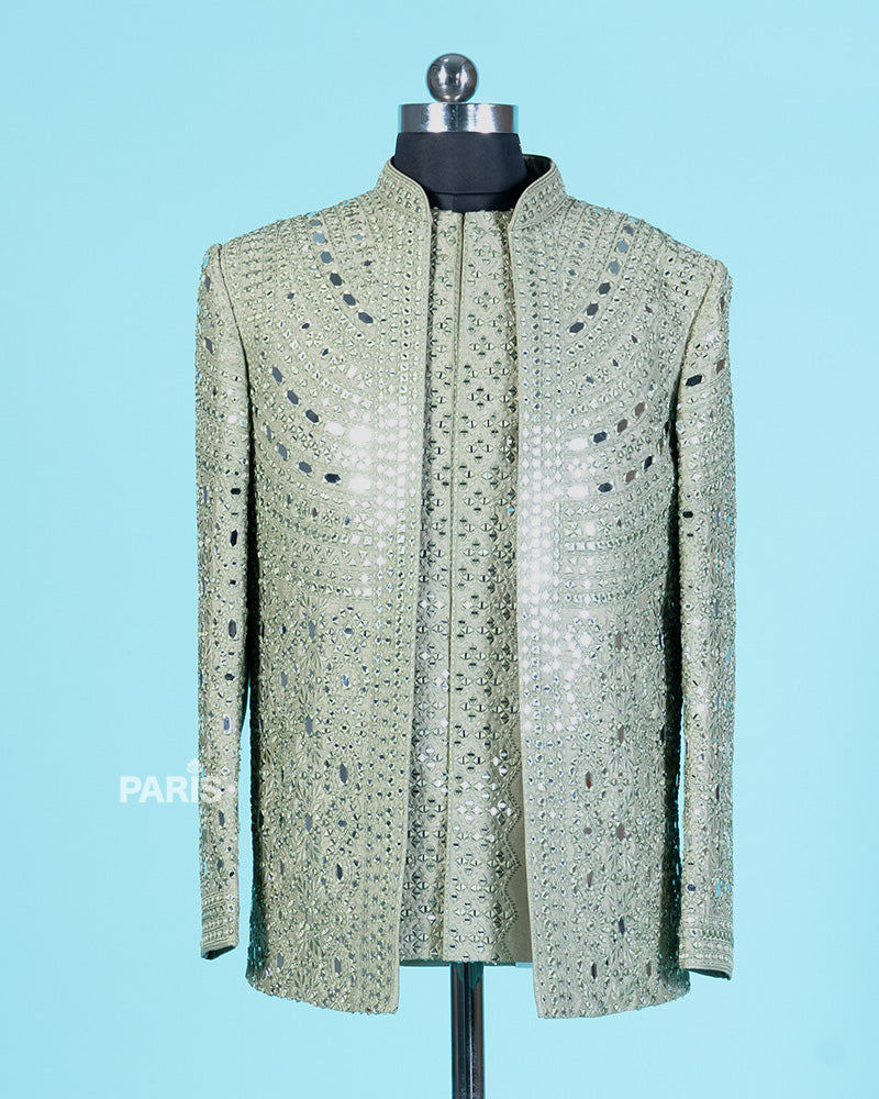 Mehendi Blazer with Mirror Embroidery Embellishments & Matching Trousers 01