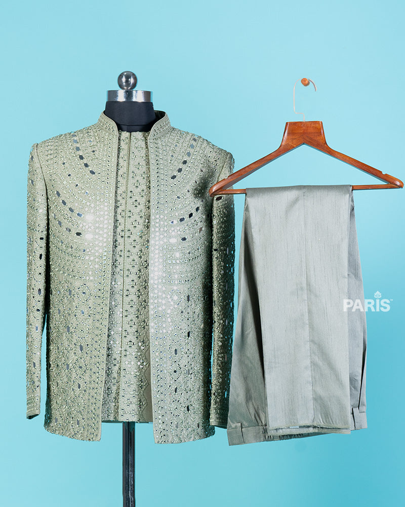 Mehendi Blazer with Mirror Embroidery Embellishments & Matching Trousers 03