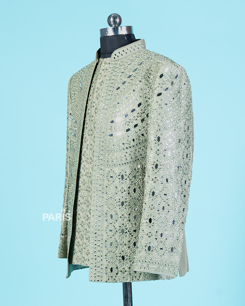 Mehendi Blazer with Mirror Embroidery Embellishments & Matching Trousers 04