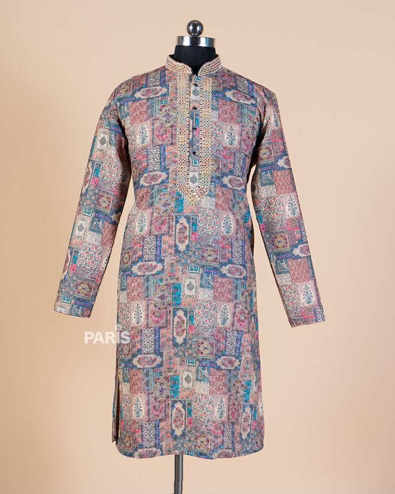 Multi color Embroidered Kurta with White Pajama Set 01