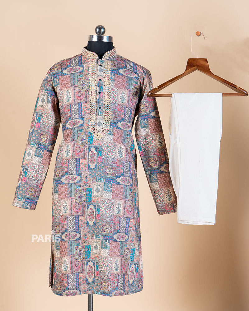 Multi color Embroidered Kurta with White Pajama Set 03