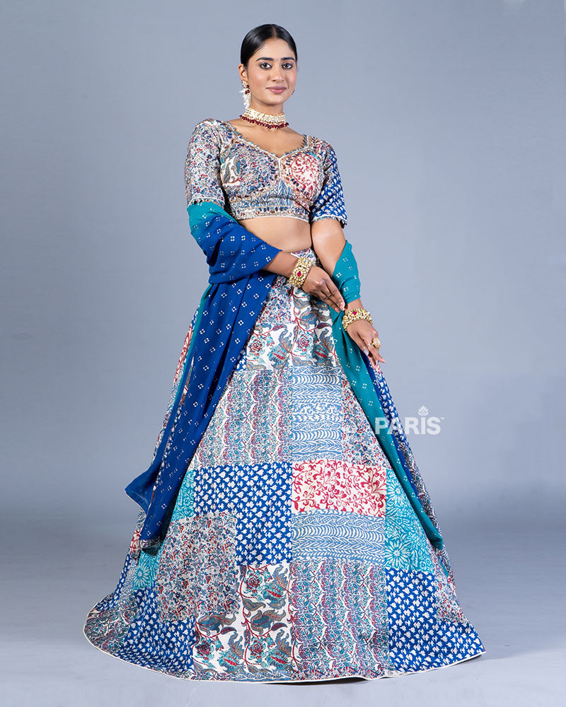 Multicolor Patchwork Lehenga Choli with Ombre Blue Dupatta 01