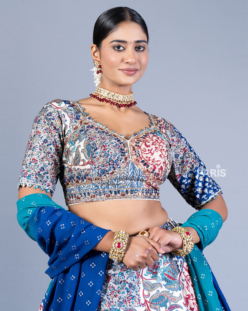 Multicolor Patchwork Lehenga Choli with Ombre Blue Dupatta 02