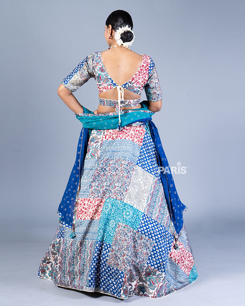 Multicolor Patchwork Lehenga Choli with Ombre Blue Dupatta 03