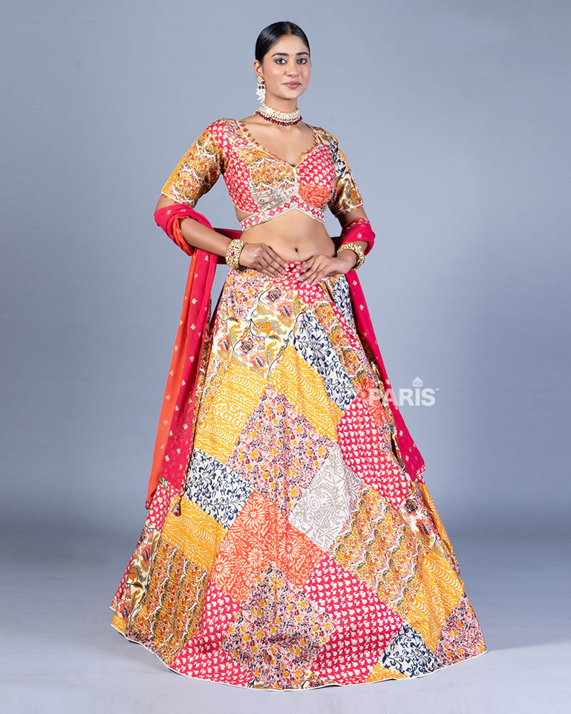 Multicolor Patchwork Lehenga Choli with Ombre Red Dupatta 01