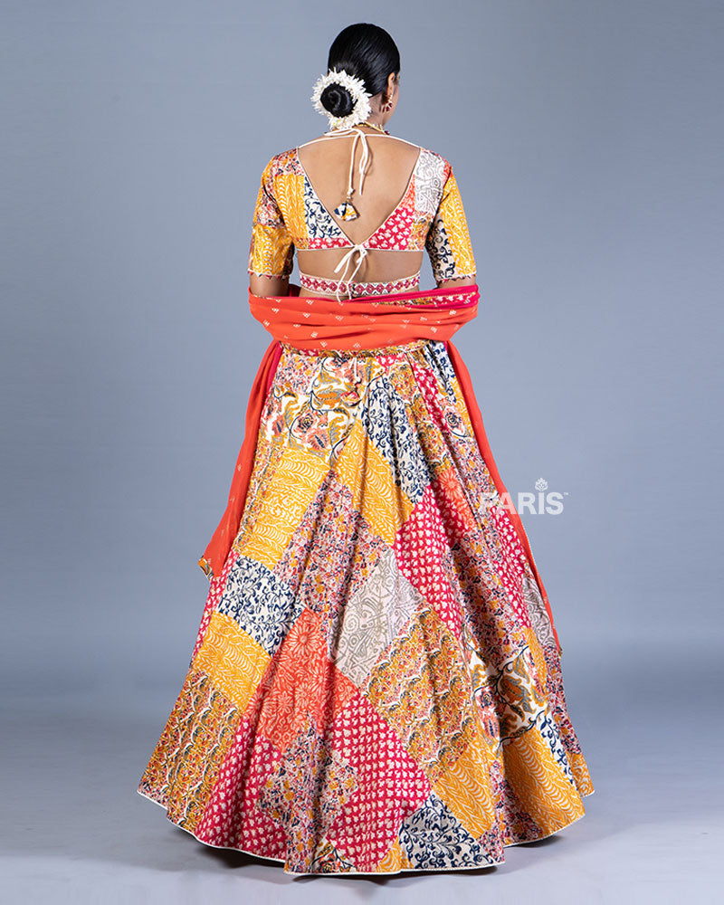 Multicolor Patchwork Lehenga Choli with Ombre Red Dupatta 03